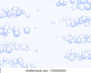 Soap foam bubbles vector concept, abstract shampoo soapy effect background. Water and detergent foam bubbles frame. Round circle blue elements background for hygiene cosmetics soap or shampoo.