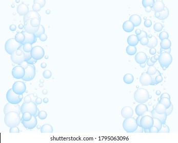 Soap foam bubbles vector concept, abstract shampoo soapy effect background. Water and detergent foam bubbles frame. Round circle blue elements background for hygiene cosmetics soap or shampoo.