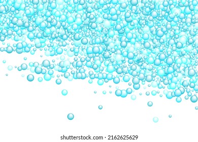 Soap foam bubbles vector concept, abstract shampoo soapy effect background. Water and detergent foam bubbles frame. Round circle blue elements background for hygiene cosmetics soap or shampoo.