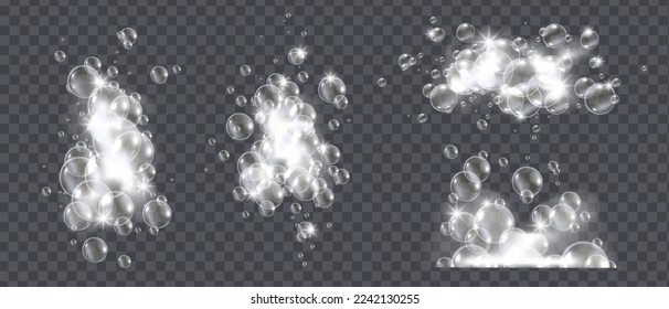Soap foam bubbles, vector isolated shampoo suds, 3D white bath cloud set, realistic laundry texture. Shower cream, cosmetic froth collection detergent on transparent background. Soap foam illustration