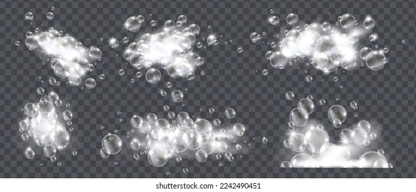 Soap foam bubbles, white bath cloud set, 3D vector isolated shampoo suds, realistic laundry texture. Shower cream, cosmetic froth collection detergent on transparent background. Soap foam illustration