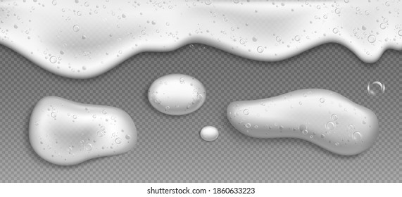 Soap foam with bubbles, white suds of detergent, cleaning gel or shampoo isolated on transparent background. Vector realistic illustration of froth in laundry, bath or shower