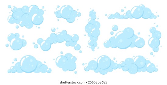 Soap foam cartoon elements. Blue bubbles for bathroom, laundry, cleaning service. Shampoo, liquid soap, gel, soda powder effect, racy vector clipart