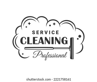 Soap foam cleaning mop. Vintage cleaning service label. Vector illustration