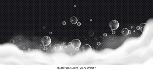 Soap foam composition with floating transparent bubbles rising above wavy white bath suds. Realistic hygienic bathing border with flying spheres on transparent background for bathroom product design