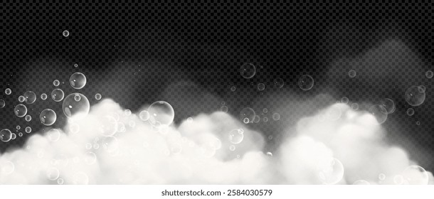 Soap foam composition with floating transparent bubbles rising above wavy white bath suds. Realistic hygienic bathing border with flying spheres on transparent background for bathroom product design