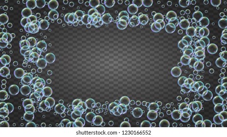 Soap foam. Detergent bath bubble and suds for bathtub. Shampoo. 3d vector illustration layout. Trendy fizz and splash. Realistic water frame and border. Isolated colorful liquid soap foam.