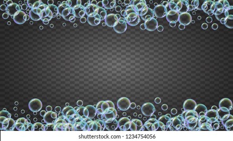 Soap foam. Detergent bath bubble and suds for bathtub. Shampoo. Bright fizz and splash. Realistic water frame and border. 3d vector illustration flyer. Isolated colorful liquid soap foam.