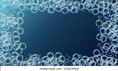 Soap foam. Detergent bath bubble and suds for bathtub. Shampoo. Creative fizz and splash. Realistic water frame and border. 3d vector illustration concept. Blue colorful liquid soap foam.