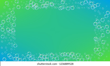 Soap foam. Detergent bath bubble and suds for bathtub. Shampoo. 3d vector illustration poster. Multicolor fizz and splash. Realistic water frame and border. Green colorful liquid soap foam.