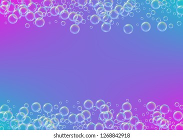 Soap foam. Detergent bath bubble and suds for bathtub. Shampoo. 3d vector illustration invite. Trendy fizz and splash. Realistic water frame and border. Purple colorful liquid soap foam.