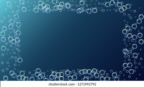 Soap foam. Detergent bath bubble and suds for bathtub. Shampoo. 3d vector illustration invite. Multicolor fizz and splash. Realistic water frame and border. Blue colorful liquid soap foam.
