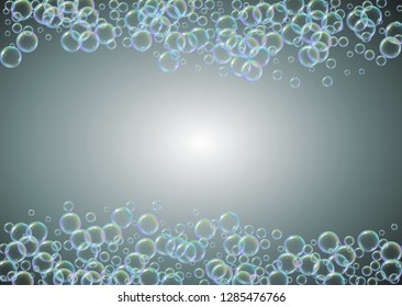 Soap foam. Detergent bath bubble and suds for bathtub. Shampoo. 3d vector illustration invite. Minimal fizz and splash. Realistic water frame and border. Grey colorful liquid soap foam.