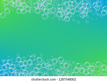 Soap foam. Detergent bath bubble and suds for bathtub. Shampoo. Bright fizz and splash. Realistic water frame and border. 3d vector illustration concept. Green colorful liquid soap foam.