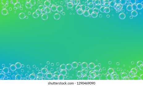 Soap foam. Detergent bath bubble and suds for bathtub. Shampoo. 3d vector illustration layout. Stylish fizz and splash. Realistic water frame and border. Green colorful liquid soap foam.