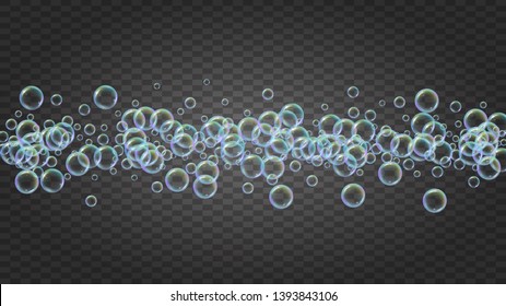 Soap foam. Detergent bath bubble and suds for bathtub. Shampoo. 3d vector illustration banner. Bright fizz and splash. Realistic water frame and border. Isolated colorful liquid soap foam.