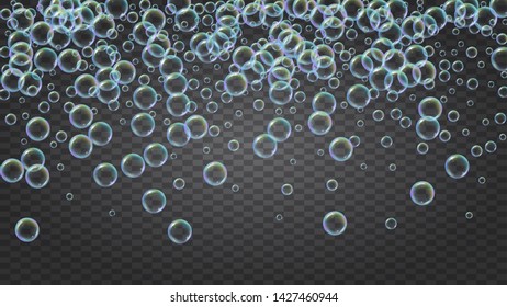 Soap foam. Detergent bath bubble and suds for bathtub. Shampoo. 3d vector illustration invite. Stylish fizz and splash. Realistic water frame and border. Isolated colorful liquid soap foam.