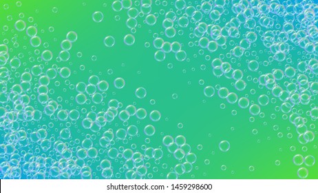 Soap foam. Detergent bath bubble and suds for bathtub. Shampoo. 3d vector illustration poster. Bright fizz and splash. Realistic water frame and border. Green colorful liquid soap foam.