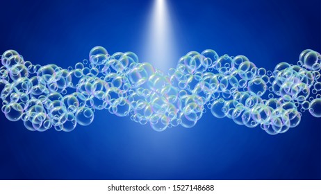 Soap foam. Detergent bath bubble and suds for bathtub. Shampoo. Multicolor fizz and splash. Realistic water frame and border. 3d vector illustration concept. Blue colorful liquid soap foam.