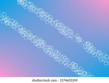 Soap foam. Detergent bath bubble and suds for bathtub. Shampoo. Multicolor fizz and splash. Realistic water frame and border. 3d vector illustration flyer. Rainbow colorful liquid soap foam.