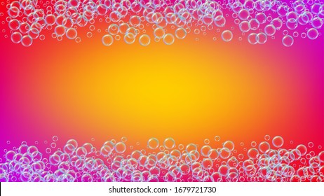 Espuma de jabón. Beber detergente y sándwiches para la bañera. Shampoo. Elegante lucimiento y salpicadura. Marco de agua realista y frontera. Invitación de ilustración vectorial 3d. Espuma de jabón líquido de color arcoiris.