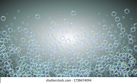 Soap foam. Detergent bath bubble and suds for bathtub. Shampoo. 3d vector illustration template. Multicolor fizz and splash. Realistic water frame and border. Grey colorful liquid soap foam.