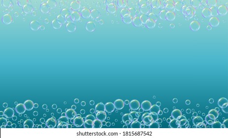 Espuma de jabón. Burbuja de baño detergente y sándwiches para la bañera. Shampoo. 3d diseño de ilustración vectorial. Mínimo brillo y salpicaduras. Marco hídrico y frontera realistas. Espuma de jabón líquido de color azul.