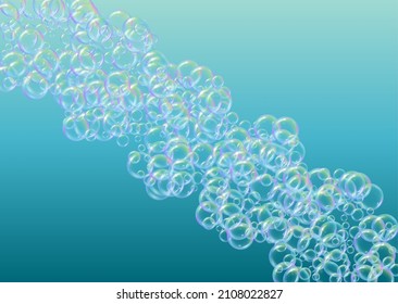 Soap foam. Detergent bath bubble and suds for bathtub. Shampoo. Aqua 3d vector illustration flyer. Blue fizz and splash. Realistic water frame and border. colorful liquid soap foam.