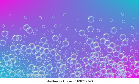 Soap foam. Detergent bath bubble and suds for bathtub. Shampoo. Aqua fizz and splash. Realistic water frame and border. 3d vector illustration design. Rainbow colorful liquid soap foam.