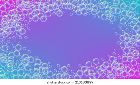 Espuma de jabón. Burbuja de baño detergente y sándwiches para la bañera. Shampoo. Fizz arcoiris y salpicaduras. Marco hídrico y frontera realistas. 3d volante de ilustración vectorial. Espuma de jabón líquido de color azul.