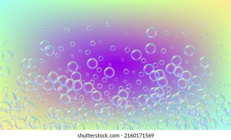 Soap foam. Detergent bath bubble and suds for bathtub. Shampoo. Bright fizz and splash. Realistic water frame and border. 3d vector illustration banner. Rainbow colorful liquid soap foam.