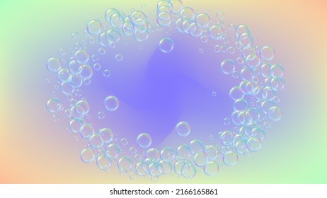 Espuma de jabón. Burbuja de baño detergente y sándwiches para la bañera. Shampoo. Imagen creativa y salpicada. Marco hídrico y frontera realistas. Invitación de ilustración vectorial 3d. Espuma de jabón líquido colorido del arcoiris.