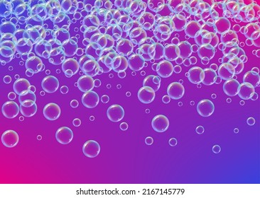 Espuma de jabón. Burbuja de baño detergente y sándwiches para la bañera. Shampoo. Luminoso brillo y salpicadura. Marco hídrico y frontera realistas. 3d diseño de ilustración vectorial. Espuma de jabón líquido morado colorido.