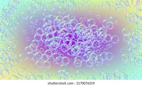 Seifenschaum. Detergent Badeblase und Suds für die Badewanne. Shampoo. 3D-Vektorgrafik-Banner. Minimaler Sekt und Spritze. Realistischer Wasserrahmen und Rahmen. Regenbogen bunter flüssiger Seifenschaum.