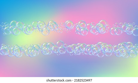 Soap foam. Detergent bath bubble and suds for bathtub. Shampoo. Stylish fizz and splash. Realistic water frame and border. 3d vector illustration poster. Rainbow colorful liquid soap foam.