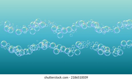Espuma de jabón. Burbuja de baño detergente y sándwiches para la bañera. Shampoo. 3d diseño de ilustración vectorial. Estiloso brillo y brillo. Marco hídrico y frontera realistas. Espuma de jabón líquido de color azul.