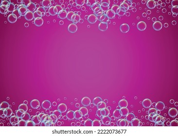 Soap foam. Detergent bath bubble and suds for bathtub. Shampoo. 3d vector illustration design. Creative fizz and splash. Realistic water frame and border. Purple colorful liquid soap foam.