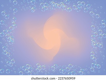 Soap foam. Detergent bath bubble and suds for bathtub. Shampoo. Minimal fizz and splash. Realistic water frame and border. 3d vector illustration layout. Purple colorful liquid soap foam.