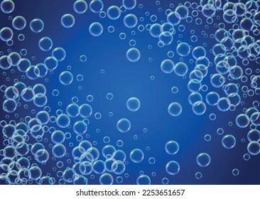 Espuma de jabón. Burbuja de baño detergente y sándwiches para la bañera. Shampoo. 3d volante de ilustración vectorial. Luminosidad y salpicadura. Marco hídrico y frontera realistas. Espuma de jabón líquido de color azul.