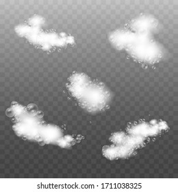 Soap foam isolated on transparent background. Set of bath foam with shampoo bubbles. Soap, gel or shampoo bubbles overlay suds texture. Vector illustration, EPS 10.