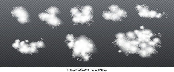 Soap foam isolated on transparent background. Set of bath foam with shampoo bubbles. Soap, gel or shampoo bubbles overlay suds texture. Vector illustration, EPS 10.