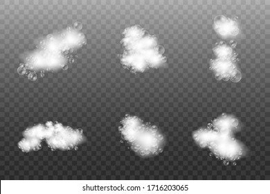 Soap foam isolated on transparent background, set of bath foam with shampoo bubbles, soap, gel or shampoo bubbles overlay suds texture, vector illustration, eps 10.