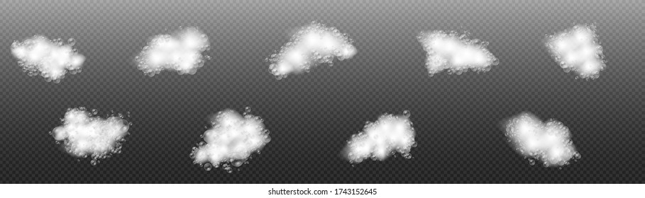 Soap foam isolated on transparent background, set of bath foam with shampoo bubbles and soap, gel or shampoo bubbles overlay suds texture, vector illustration, eps 10.