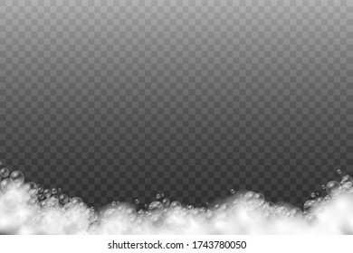 Soap foam isolated on transparent background, set of bath foam with shampoo bubbles and soap, gel or shampoo bubbles overlay suds texture, vector illustration, eps 10.