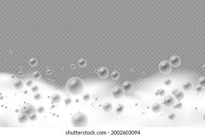 Soap foam isolated on transparent background. Set of bath foam with shampoo bubbles. Soap, gel or shampoo bubbles overlay suds texture. Vector illustration, EPS 10.