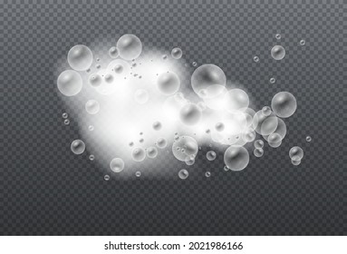 Espuma de jabón aislada en un fondo transparente. Espuma de baño con burbujas de champú. Las burbujas de jabón, gel o champú superponen la textura de los suds. Ilustración del vector, EPS 10.