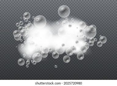 Soap foam isolated on transparent background. Set of bath foam with shampoo bubbles. Soap, gel or shampoo bubbles overlay suds texture. Vector illustration, EPS 10.
