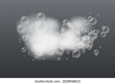 Espuma de jabón aislada en un fondo transparente. Espuma de baño con burbujas de champú. Las burbujas de jabón, gel o champú superponen la textura de los suds. Ilustración del vector, EPS 10.