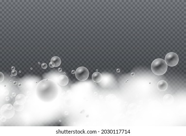 Soap foam isolated on transparent background. Set of bath foam with shampoo bubbles. Soap, gel or shampoo bubbles overlay suds texture. Vector illustration, EPS 10.