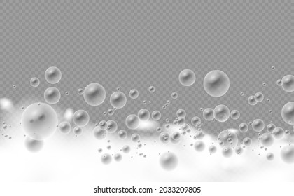 Espuma de jabón aislada en un fondo transparente. Espuma de baño con burbujas de champú. Las burbujas de jabón, gel o champú superponen la textura de los suds. Ilustración del vector, EPS 10.